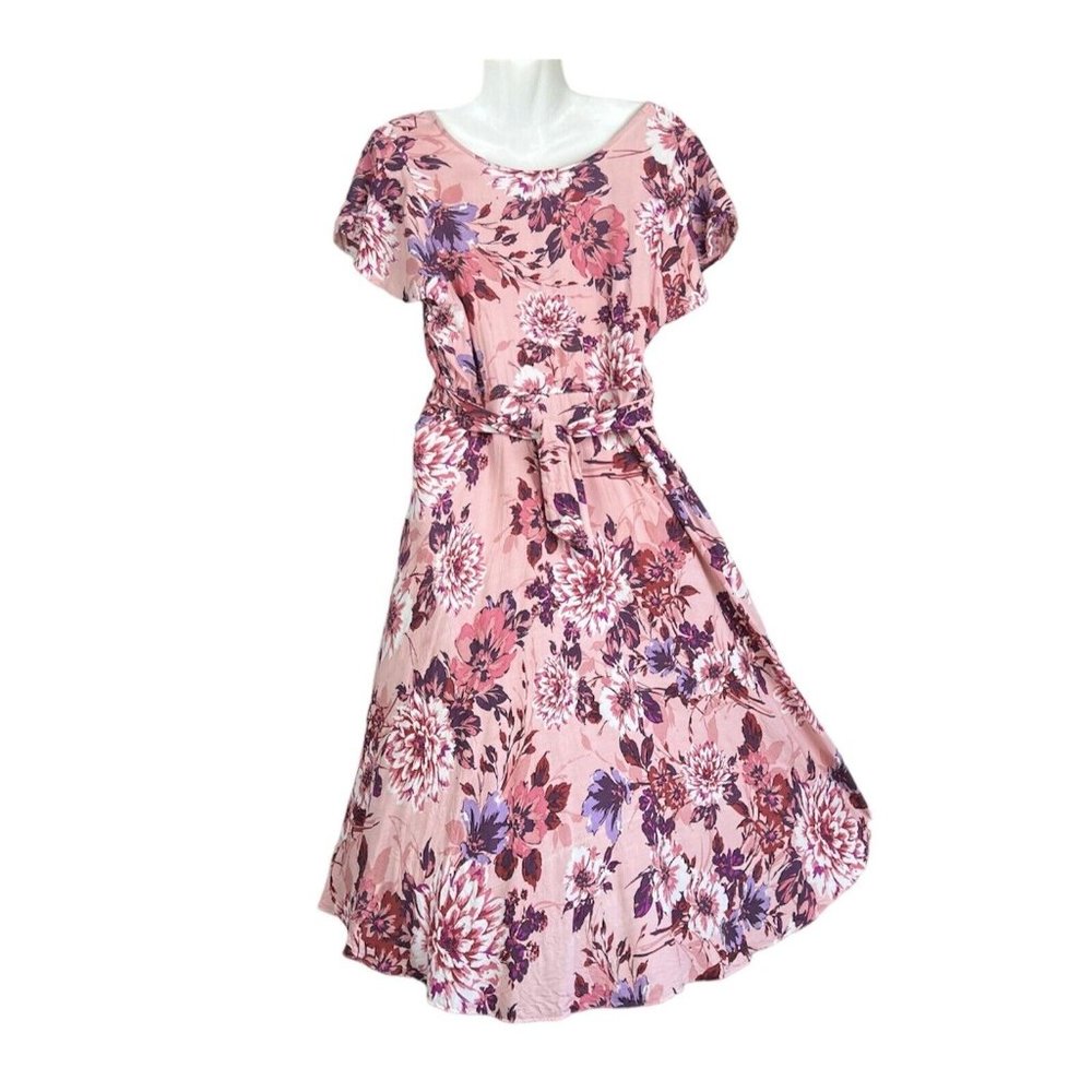 Tree of Life Midi Dress Pink Floral Tie Back Boho Hippie Tropical Rayon Size XL - Picture 2 of 9